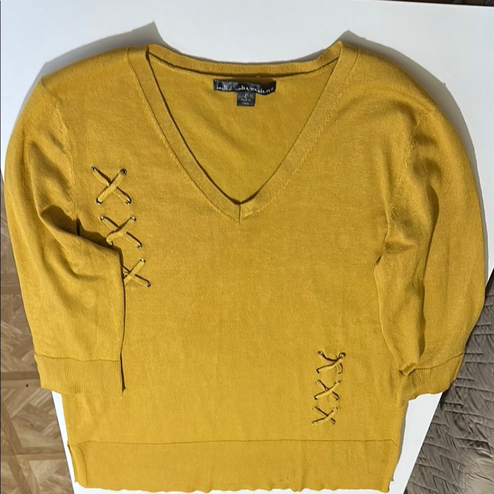 Yellow V-Neck Sweater with Lace-Up Detail